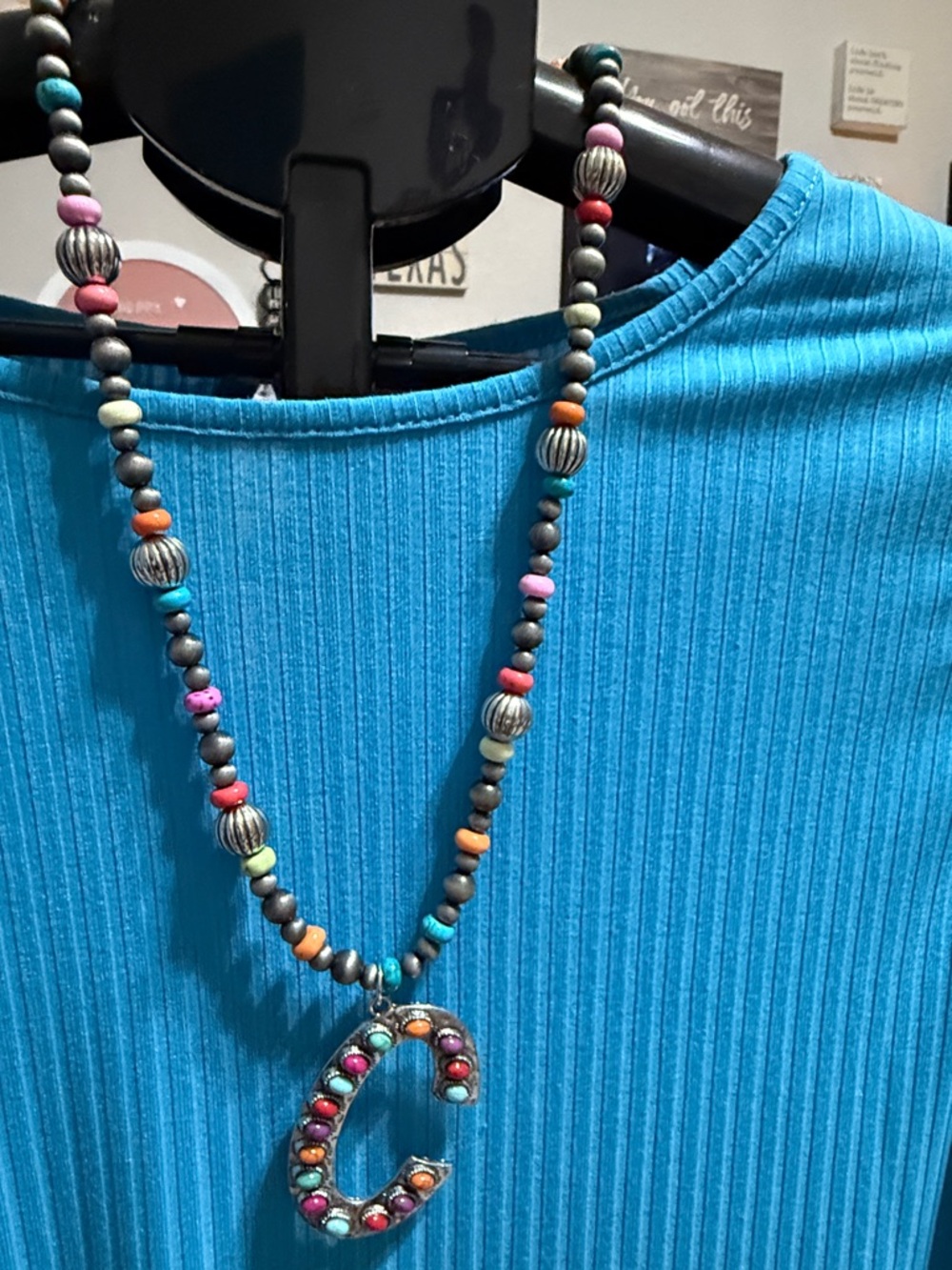 Multicolor Beaded 'C' Pendant Necklace - Women Jewelry